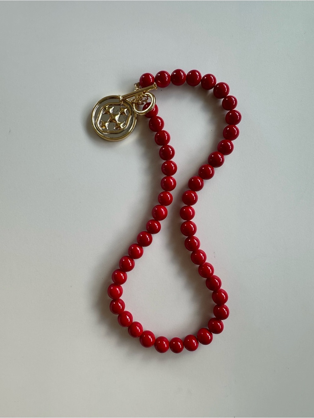 Gold-Accent Red Beaded Necklace with Charm